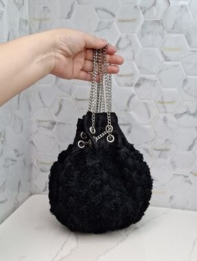 Betsey Johnson Black 3D Rosette Rose Bucket Bag